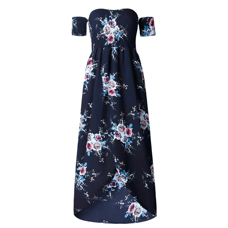 Women off Shoulder Floral Print Boho Dress Women Beach Summer Dresses Ladies Strapless Long Maxi Dress Vestidos Female XS-5XL
