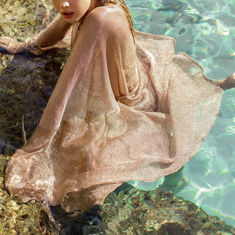 Gold Bikini Cover up Sexy Beach Dress Tunics for Women Beachwear Summer See through Swimsuit Cover-Ups Kaftan Beach Dress Tunic
