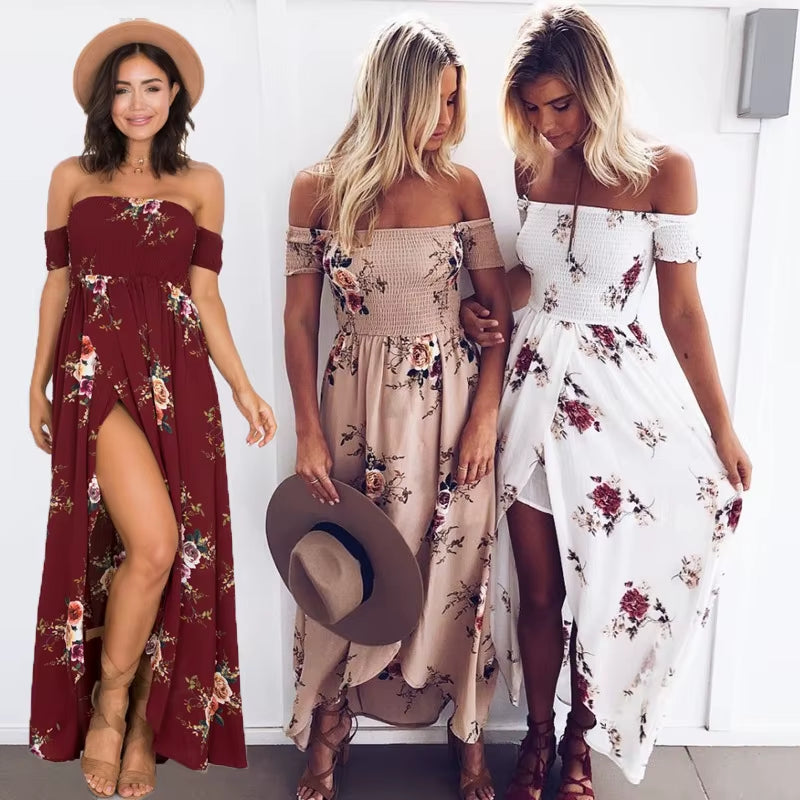 Women off Shoulder Floral Print Boho Dress Women Beach Summer Dresses Ladies Strapless Long Maxi Dress Vestidos Female XS-5XL