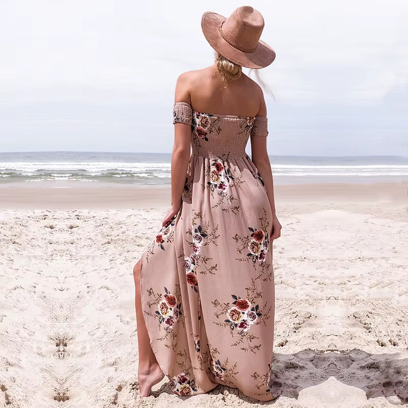 Women off Shoulder Floral Print Boho Dress Women Beach Summer Dresses Ladies Strapless Long Maxi Dress Vestidos Female XS-5XL