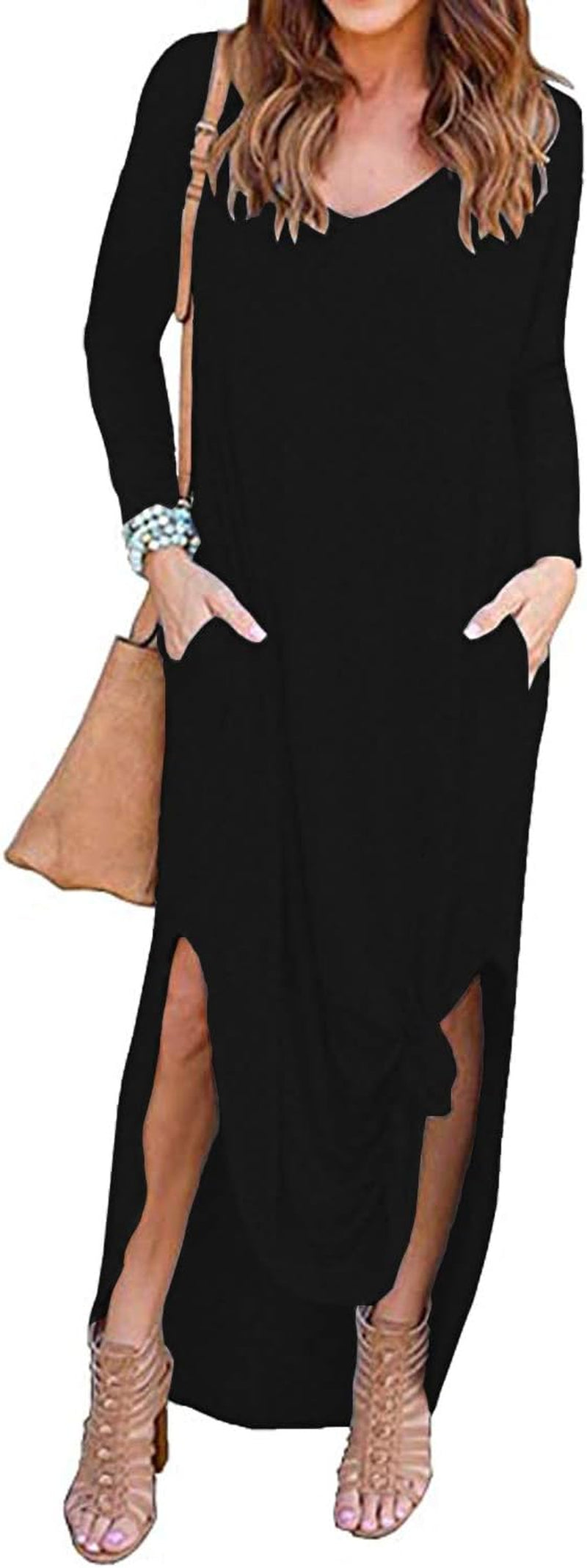 Womens Long Sleeve Maxi Long Dress V Neck Casual Loose Sundress with Pockets Beach Cover up Slits(03-Black,Small)