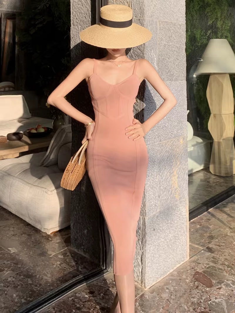 Summer Elegant Women Dress Casual Sexy Strap Backless Skinny Midi Party Club Beach Lady Stretch Knit Robe Femme Mujer Vestidos