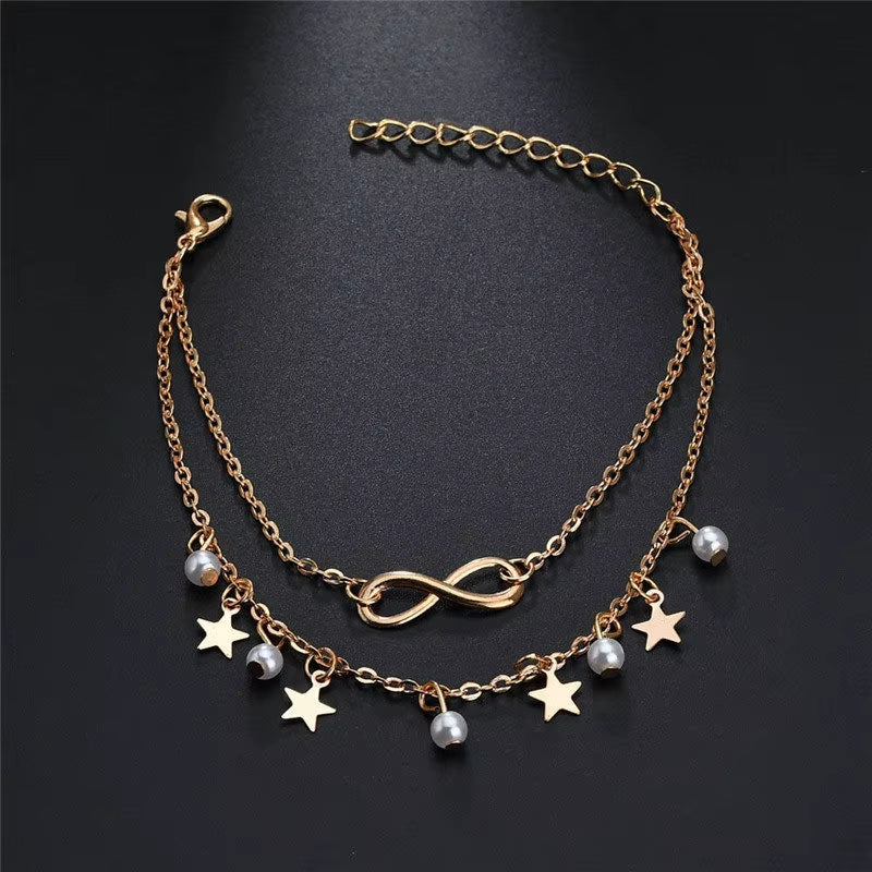 2PCS Retro Pearl Heart Infinity Ankle Anklet Bracelet Set Bohemia Foot Beach Anklets Women Fashion Barefoot Chain Jewelry