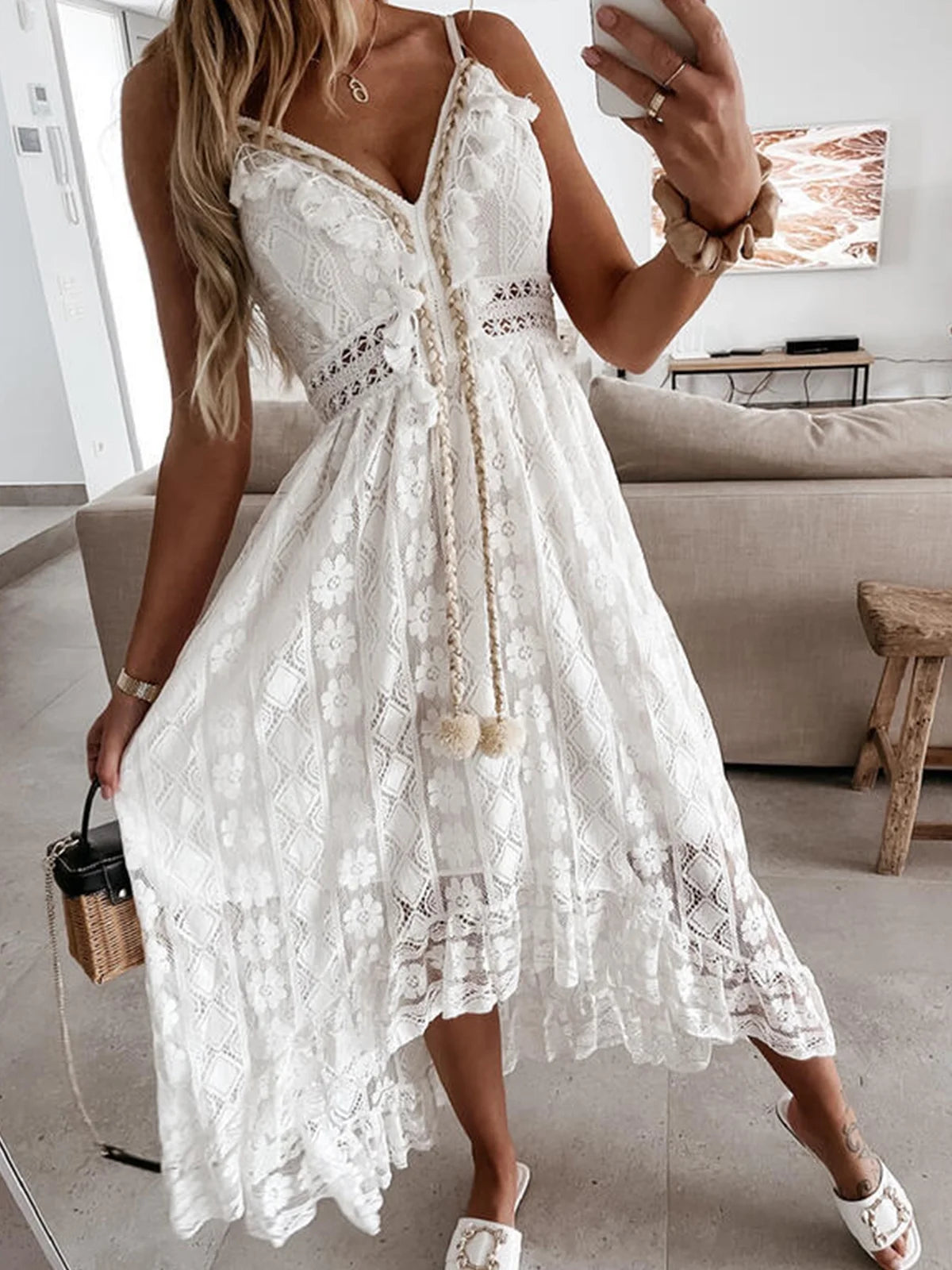 Women'S Dress Zipper V-Neck Lace up Slip Mid Length Dress