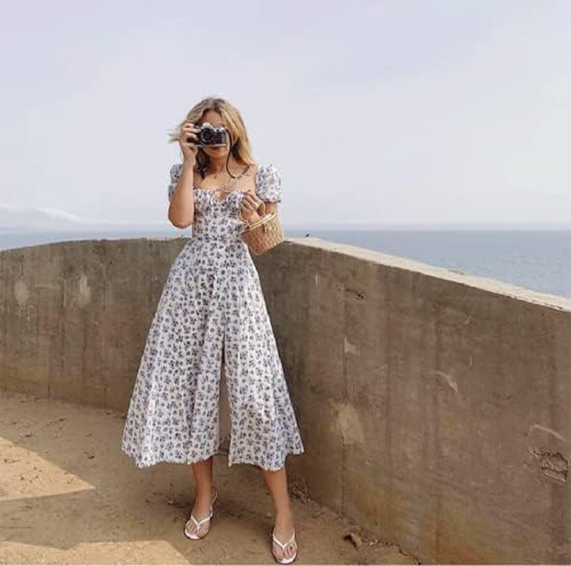 Women'S Puff Sleeve Dress - Summer Casual Floral Boho Beach Party Hem Midi Dresses Blue