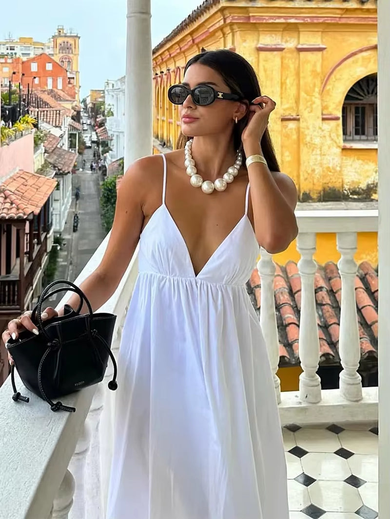 White Women Sundress Backless Sexy Casual Beach Vestidos Maxi Long A-Line Fashion Holiday New Dress