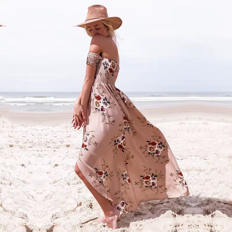 Women off Shoulder Floral Print Boho Dress Women Beach Summer Dresses Ladies Strapless Long Maxi Dress Vestidos Female XS-5XL