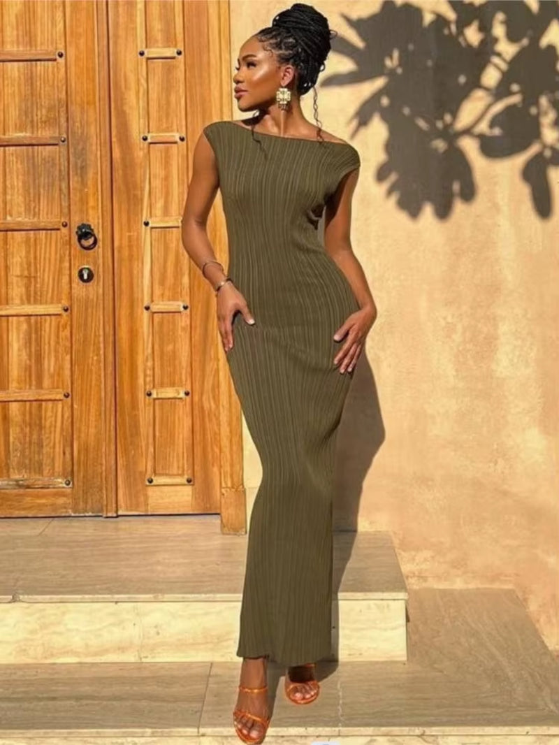 Cotton Knitted Stripe Dresses for Women Solid Color Sleeveless O Neck Ladies Party Long Dress 2025 New Casual Commuting Vestidos