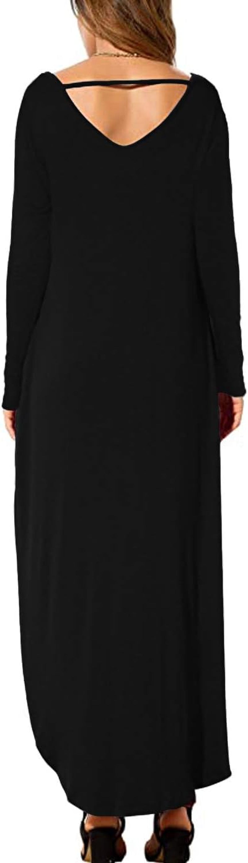 Womens Long Sleeve Maxi Long Dress V Neck Casual Loose Sundress with Pockets Beach Cover up Slits(03-Black,Small)