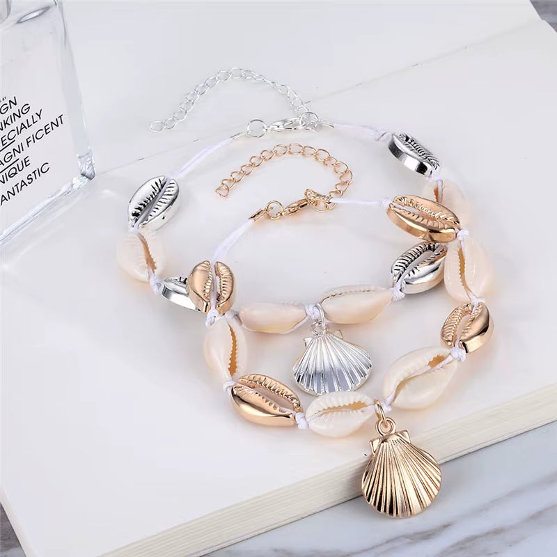 Vintage Handmade Weave Anklets for Women Shell Sequins Charm Bracelet Anklet Bohemian Rope Ankle Bracelets Beach Foot Jewelry