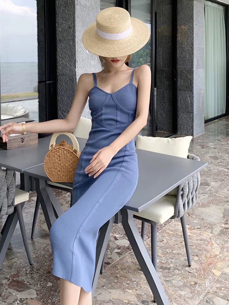 Summer Elegant Women Dress Casual Sexy Strap Backless Skinny Midi Party Club Beach Lady Stretch Knit Robe Femme Mujer Vestidos