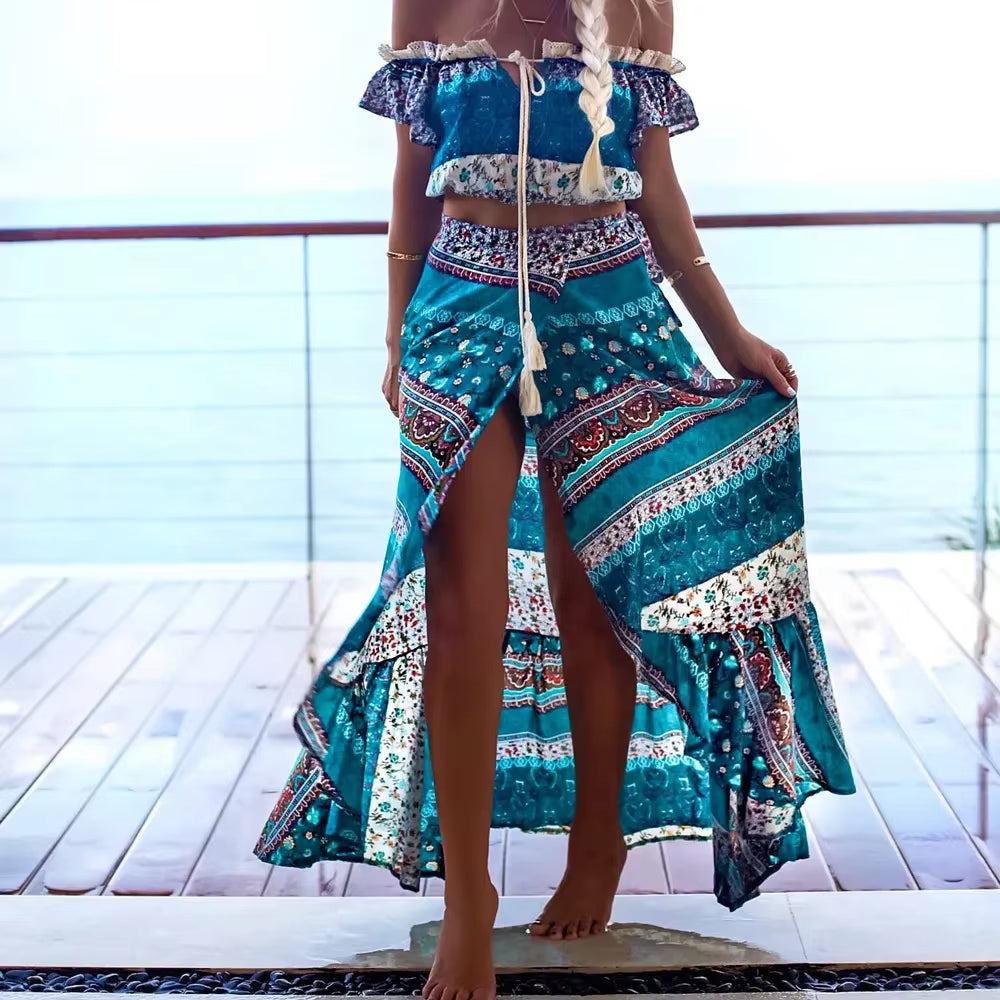 Khale Yose Summer 2 Piece Set Women'S Floral Printed Two Piece Bohemian Skirt Suit Hippie Boho Chic Crop Top Beach Sets Clothing