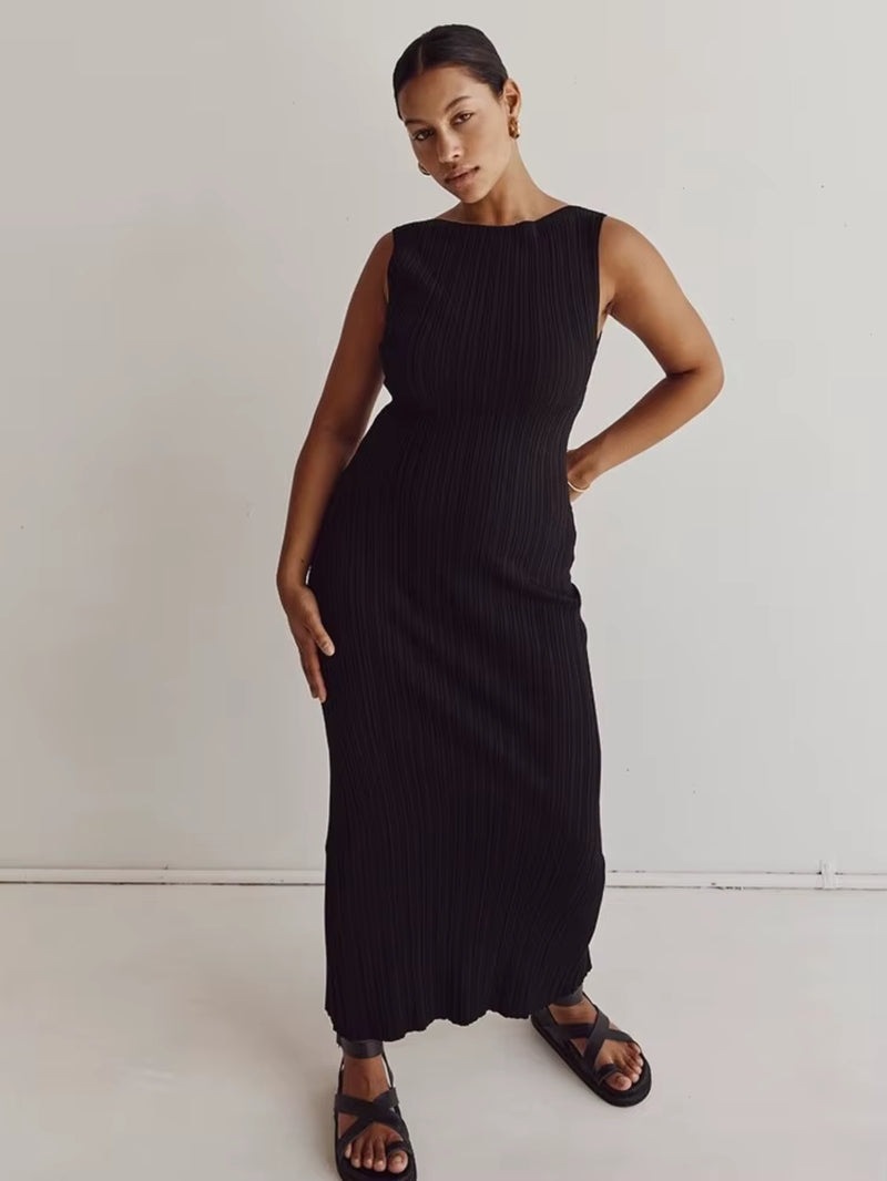 Cotton Knitted Stripe Dresses for Women Solid Color Sleeveless O Neck Ladies Party Long Dress 2025 New Casual Commuting Vestidos