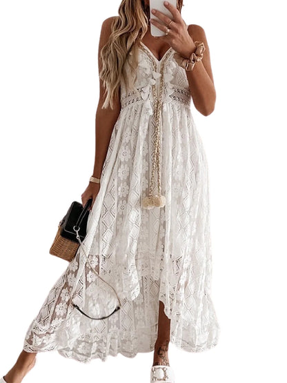 Women'S Dress Zipper V-Neck Lace up Slip Mid Length Dress