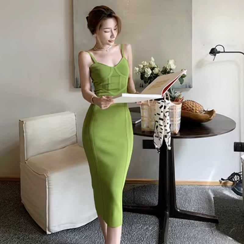 Summer Elegant Women Dress Casual Sexy Strap Backless Skinny Midi Party Club Beach Lady Stretch Knit Robe Femme Mujer Vestidos