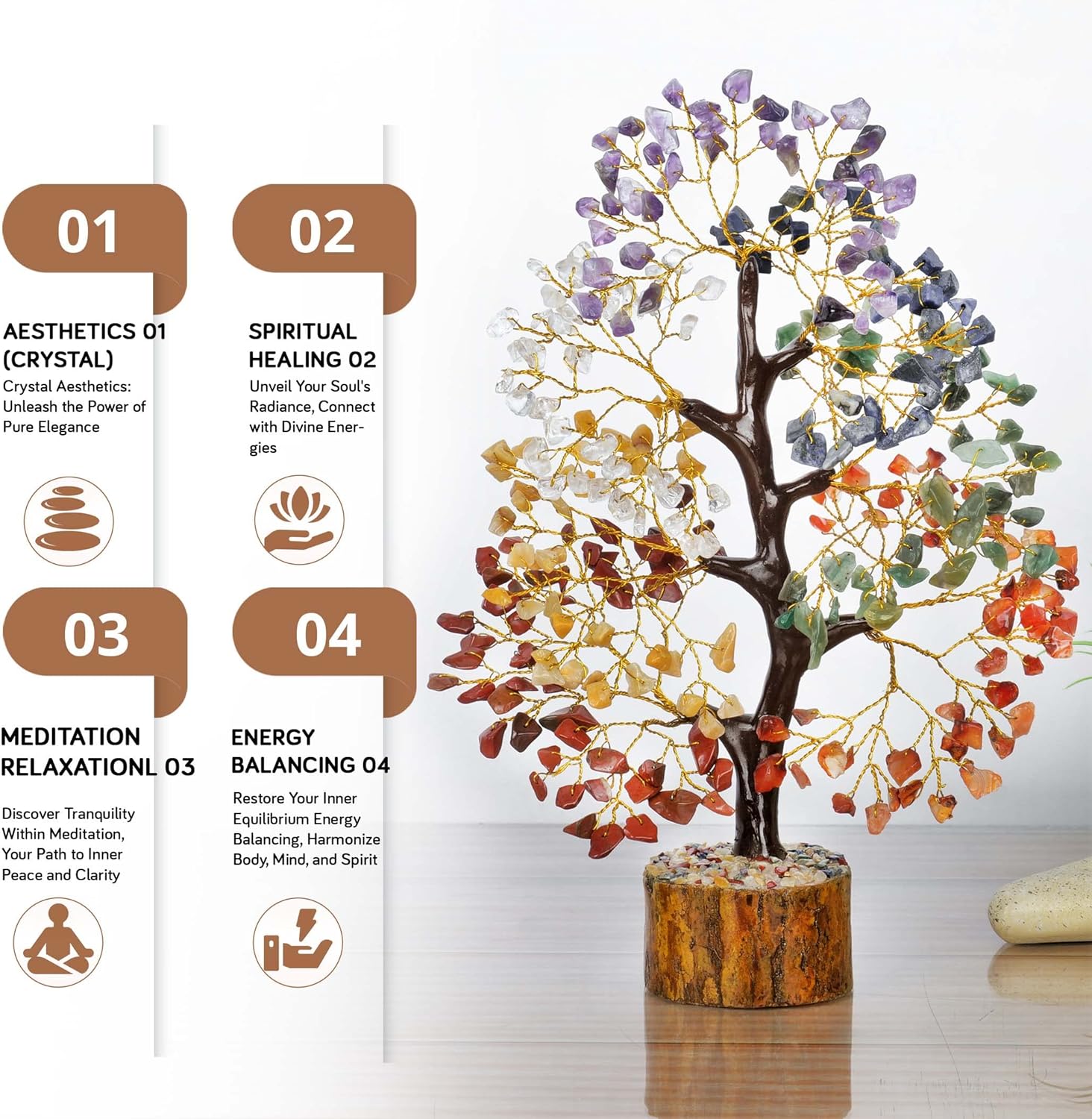 Crystals - Crystals and Healing Stones - Chakra Tree of Life - Crystal Tree for Positive Energy - Meditation Accessories - Feng Shui Decor - Crystal Gifts - Chakra Decor - Meditation Gifts