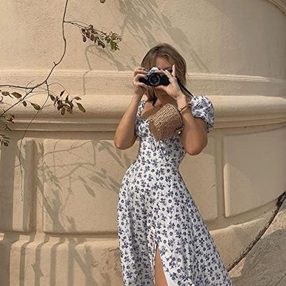 Women'S Puff Sleeve Dress - Summer Casual Floral Boho Beach Party Hem Midi Dresses Blue