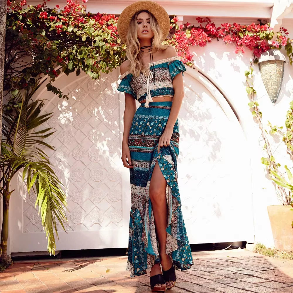Khale Yose Summer 2 Piece Set Women'S Floral Printed Two Piece Bohemian Skirt Suit Hippie Boho Chic Crop Top Beach Sets Clothing