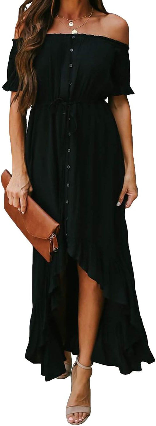Womens off the Shoulder Maxi Dress Casual Short Sleeve Ruffle High Low Cocktail Party Wedding Guest Dresses