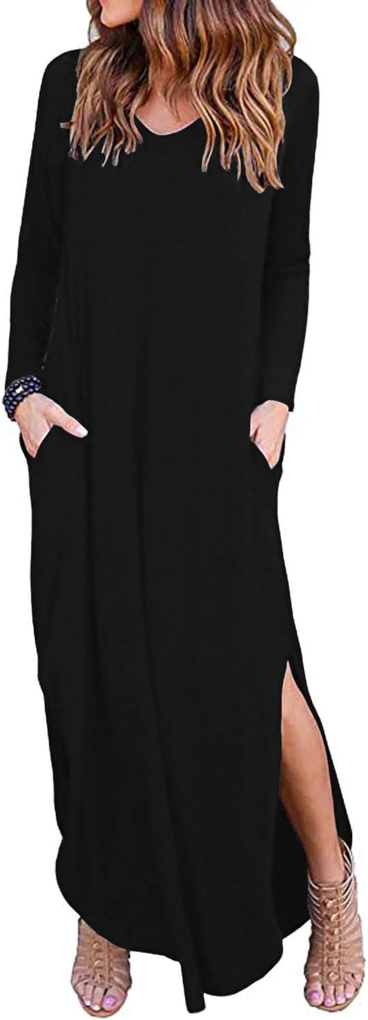 Womens Long Sleeve Maxi Long Dress V Neck Casual Loose Sundress with Pockets Beach Cover up Slits(03-Black,Small)