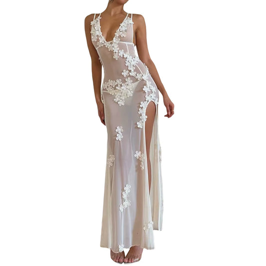 Women Fashion Sheer Mesh Sleeveless Dress Summer V Neck Flower Slit Party Dress for Cocktail Beach Club Streetwear