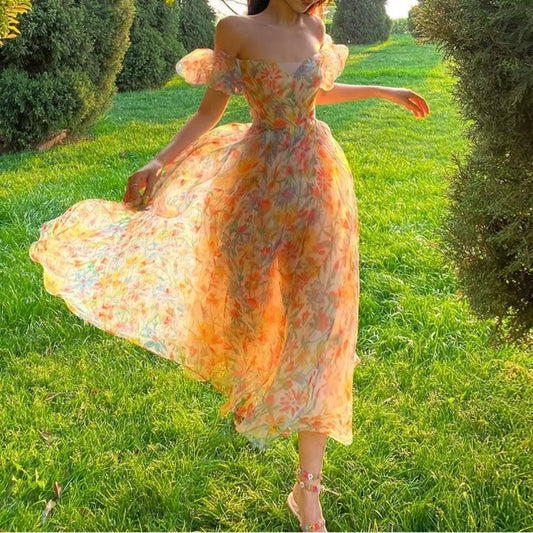 Summer Floral Design Elegant Midi Dresses Women Office Lady One Piece Dress Korean Short Sleeve Vintage Beach Strap Dress 2021