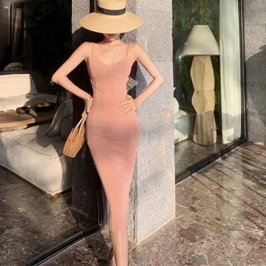 Summer Elegant Women Dress Casual Sexy Strap Backless Skinny Midi Party Club Beach Lady Stretch Knit Robe Femme Mujer Vestidos