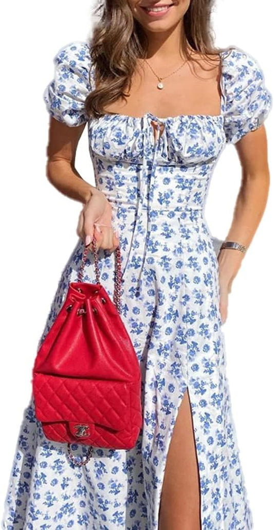Women'S Puff Sleeve Dress - Summer Casual Floral Boho Beach Party Hem Midi Dresses Blue