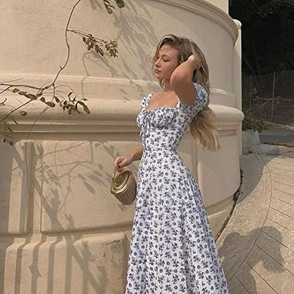 Women'S Puff Sleeve Dress - Summer Casual Floral Boho Beach Party Hem Midi Dresses Blue